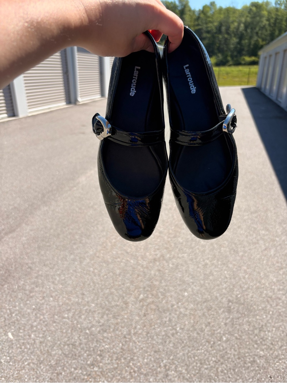 Larroude Black Patent Mary Jane Flats with Silver Buckle